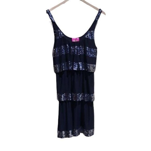 32 Flavors Dress Flapper Sequined Striped Tiered Sleeveless Mini Black Sz XS - Picture 1 of 8